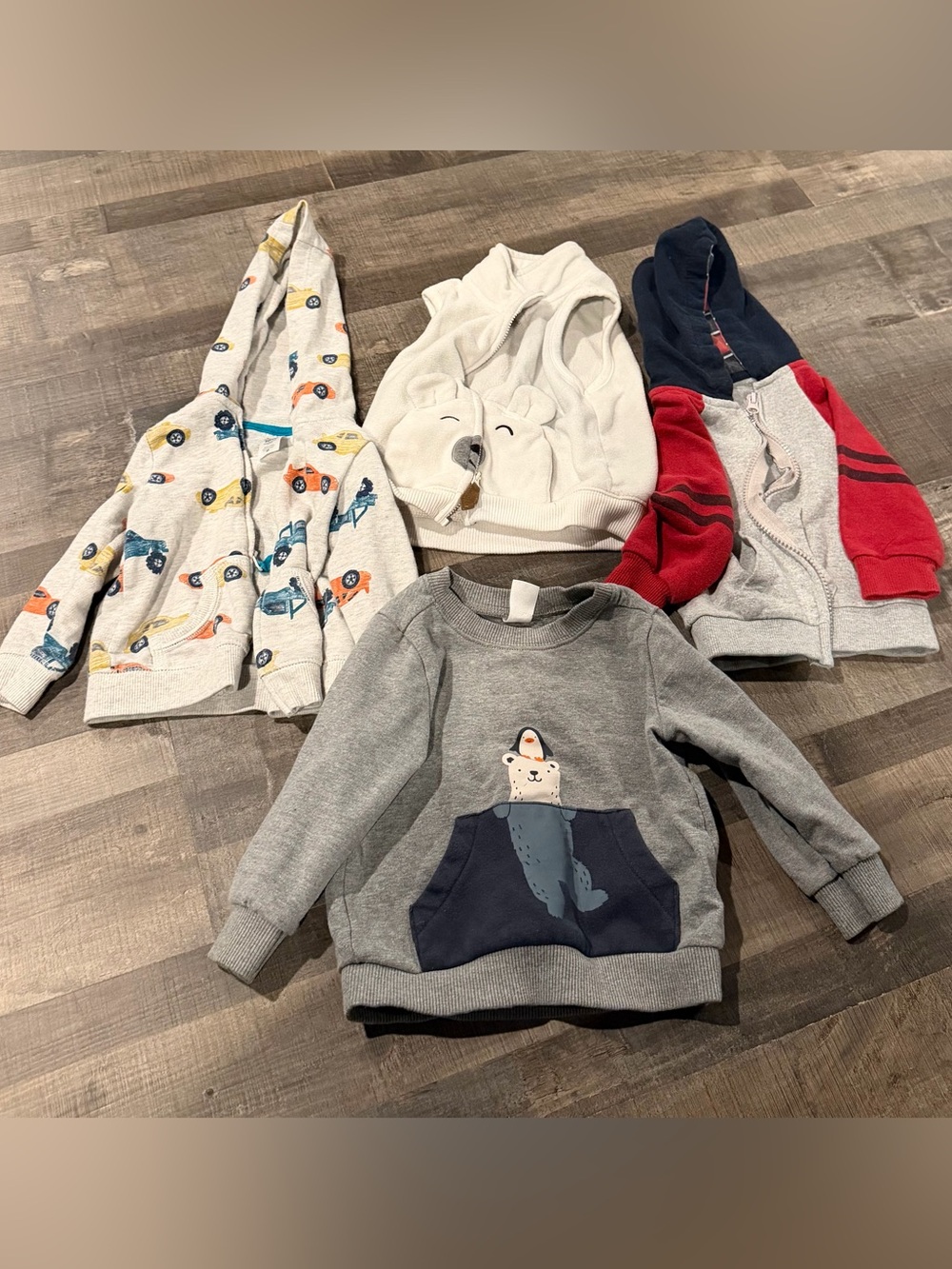 18 month toddler boy lot. 2 jackets, one vest, one sweatshirt.